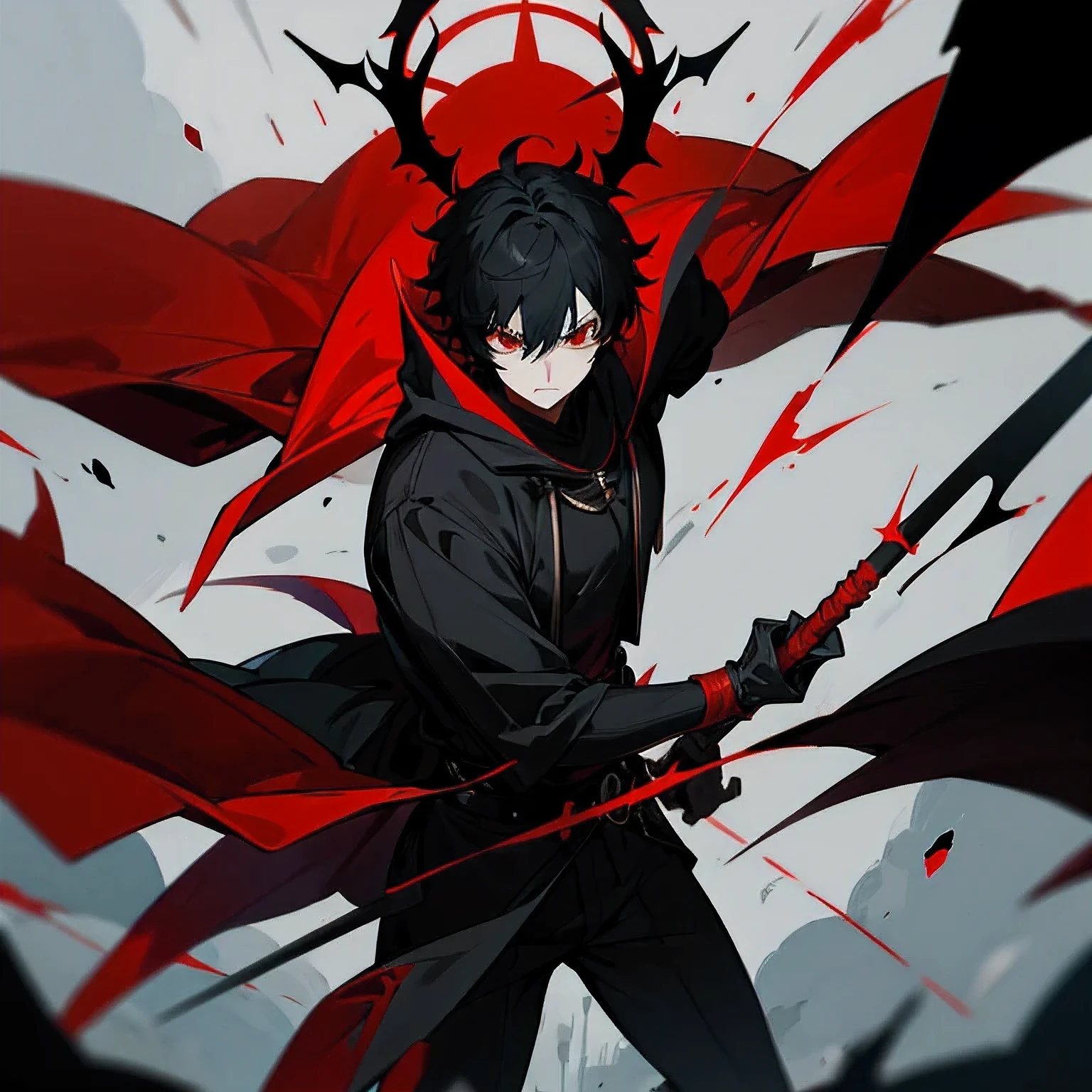 Short black hair,Black,devil boy,red eye,red accessories,Holding a black spear,indifferent,anime style,Black hood