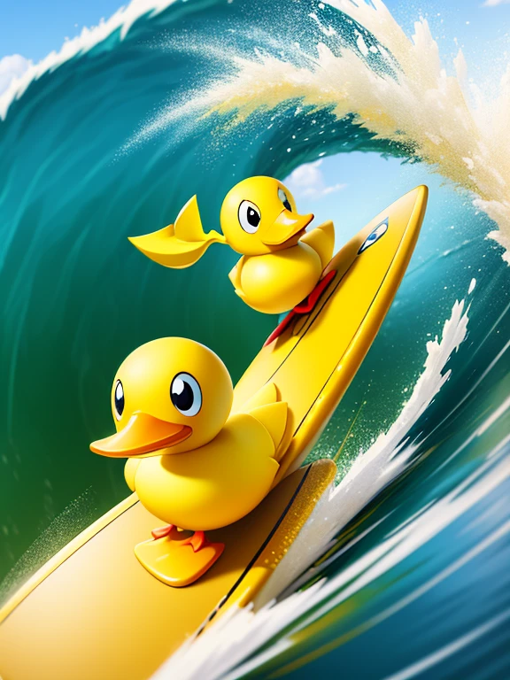 (cute yellow duck surfing:1.2), no person, Chibi, 2D, cartoon style, (motion blur), (best composition), (Masterpiece), (Best Quality), (Ultra high Detailes), (Detailed face), (Detailed eyes)