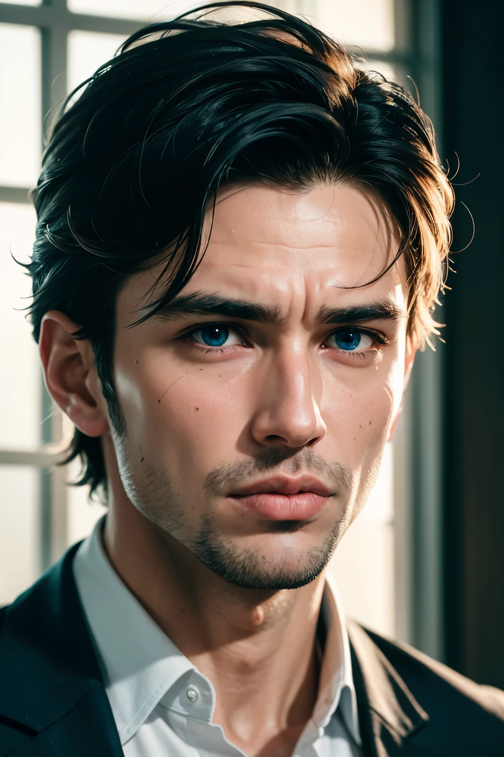 masterpiece, highest quality, ultra high resolution, 8K, photorealistic, extremely detailed CG image: A man with a chiseled jawline and piercing blue eyes sticks out his tongue, capturing the moment before saliva flows from his lips in a mesmerizing display of raw emotion. The depth of field creates a cinematic effect, with the man's face in sharp focus against the blurry background of dim lights and cityscape rooftops. The lens flare adds an ethereal touch to the image, highlighting every intricate detail of his face, from the pores on his flawless skin to the veins in his eyes. The sunlight streaming in from the window casts