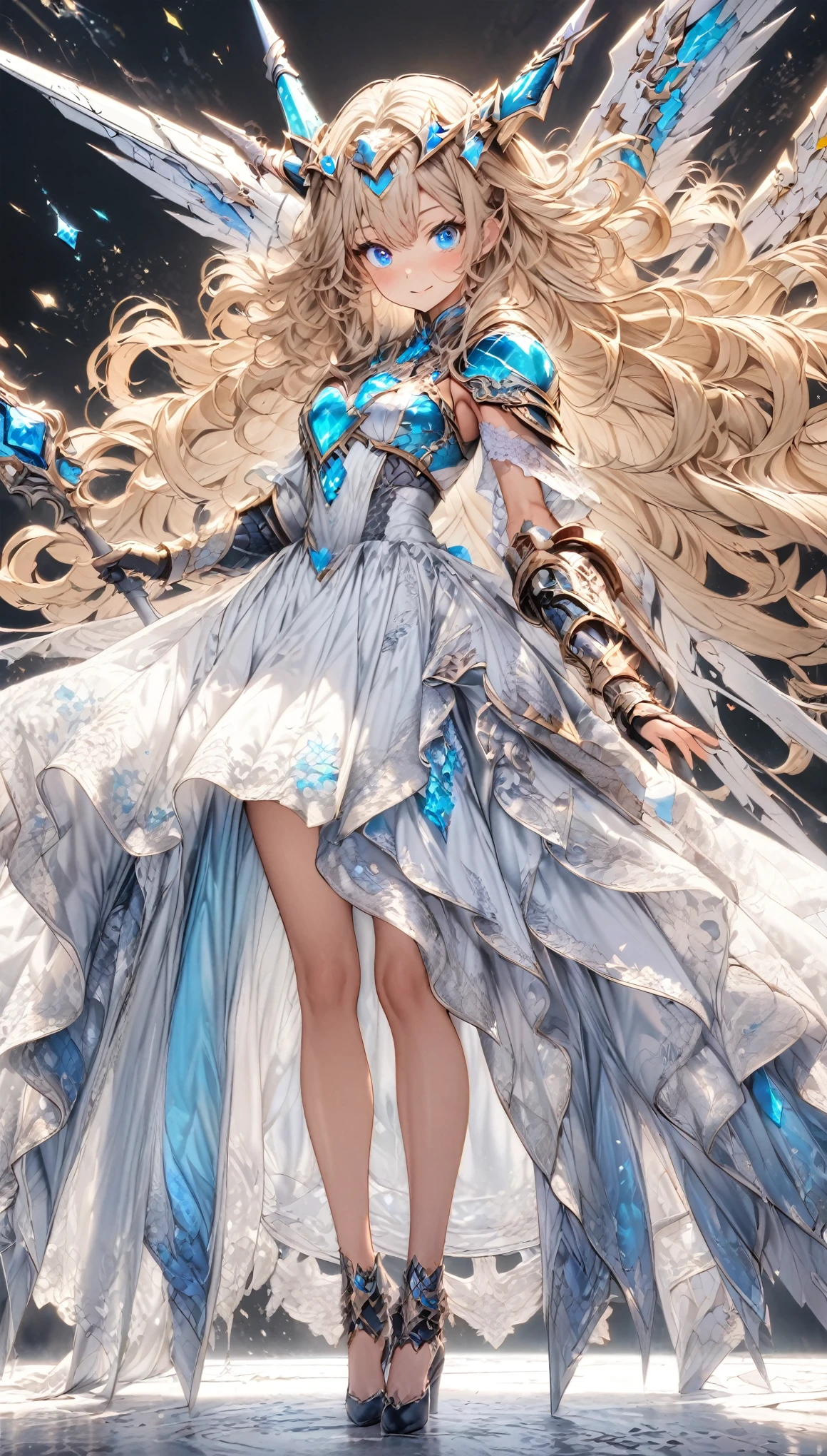 masterpiece, best quality, extremely detailed, high resolution, Japanese anime,1girl, gold hair, (medium length hair:1.4), curly hair, wavy hair, drill hair, (mechanical horn:1.5), mechanical wing, (blue eyes:1.5), (beautiful detailed eyes:1.4), laugh, 130cm tall, original character, fantasy, (black background:1.2), (full body:1.8), beautiful fingers, standing, (white blue lace frill armor dress:1.5), (bejeweled headgear:1.5) , shoot from front, looking at viewer