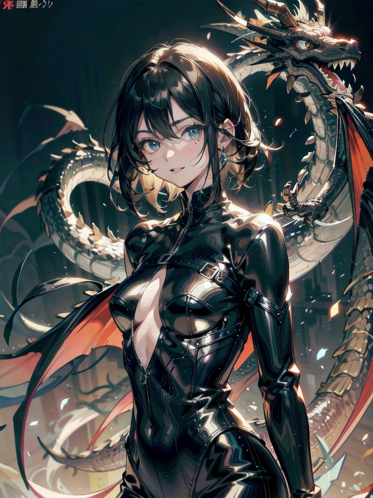 whole body, ((dragon)), creepy smile, absurdres, RAW photo, extremely delicate and beautiful, masterpiece, Best Quality, ultra high resolution, 32k, hyperrealistic, ultra-detailed, detailed description, pale skin, 20 years old, detailed beautiful face and eyes, tearful mole, earring, Colossal tits, short medium hair, wavy hair,