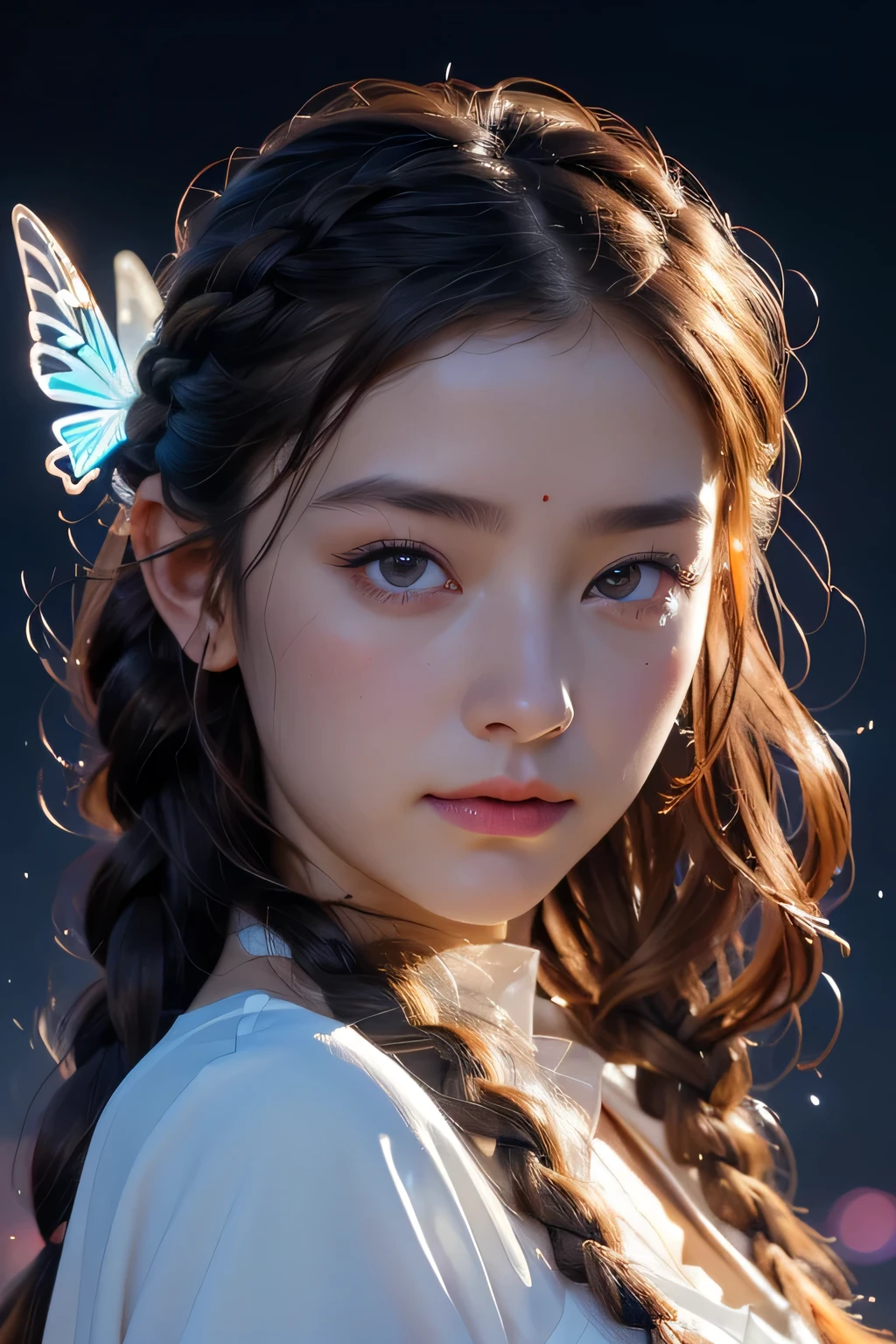 Absurd , High resolution, Super detailed, (One girl:1.3), break, ((Fantastic dresses)), hat, break, Light Persona, Dark person, Mind control, fractal, Sealing, Artistic Background, Blue bioluminescence, Geometric, organic, bless, agreement, Sublime, Majestic, Noble, expand, solvable, anti-gravity, antimatter, guardian angel, holy, sacred, spiritual, Dignified, Red bioluminescence, flower, magic cirlcle, Photon, butterfly, scale, Milky Way, Beark, masterpiece, 最high quality, high quality, High resolution, (Braided hair:Dumpling 1)、(Face close-up)､A stunning 30-year-old beauty、