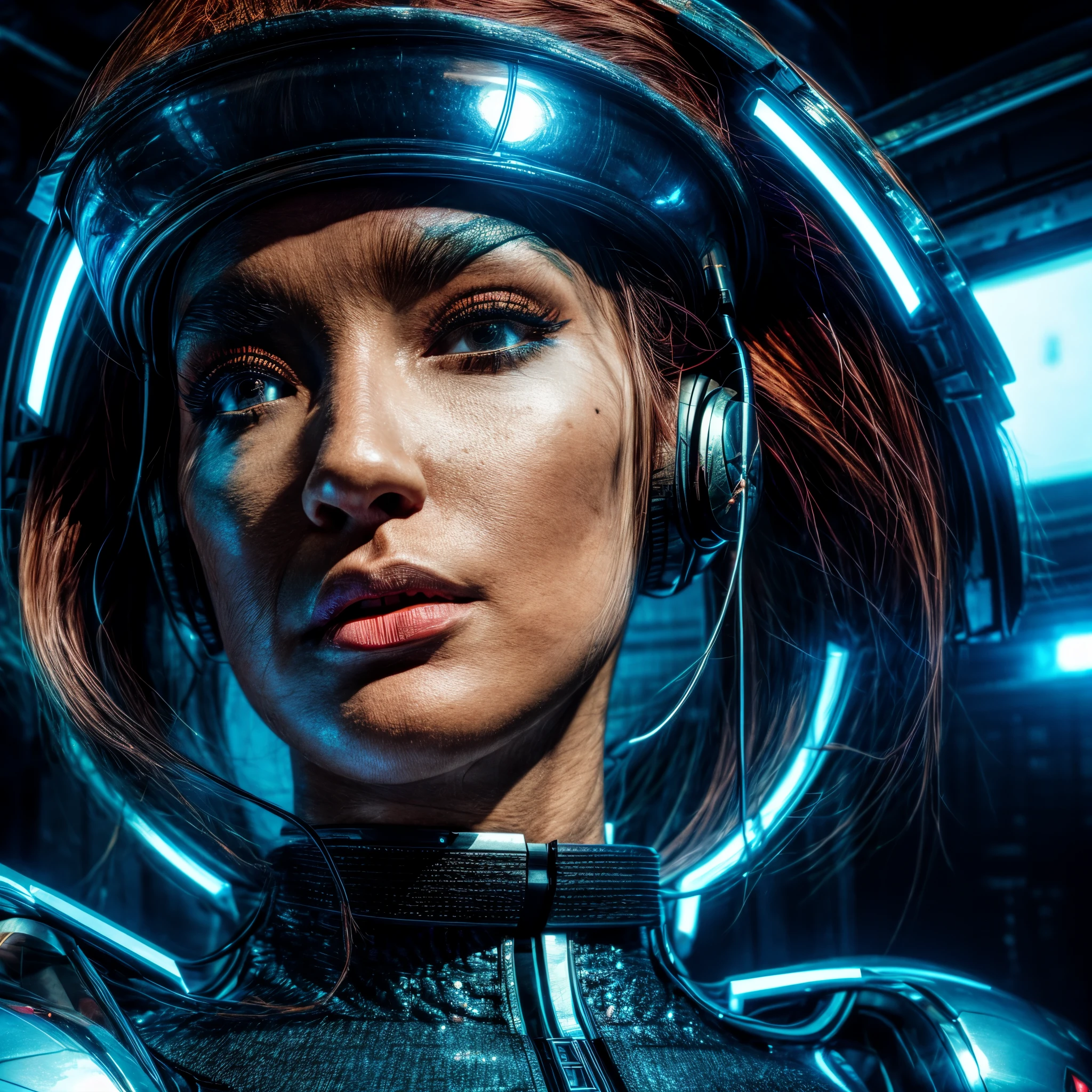 Close-up of a woman wearing headphones in a futuristic setting, cyberpunk robot elf queen, portrait of a beautiful sci-fi girl, portrait of a cyborg queen, cyborg goddess in cosmos, VLP. Science fiction, красивая cyborg girl, Beautiful cyborg priestess, Dreamy girl in cyberpunk style, intricate VLP, cyborg girl, portrait of an android woman
