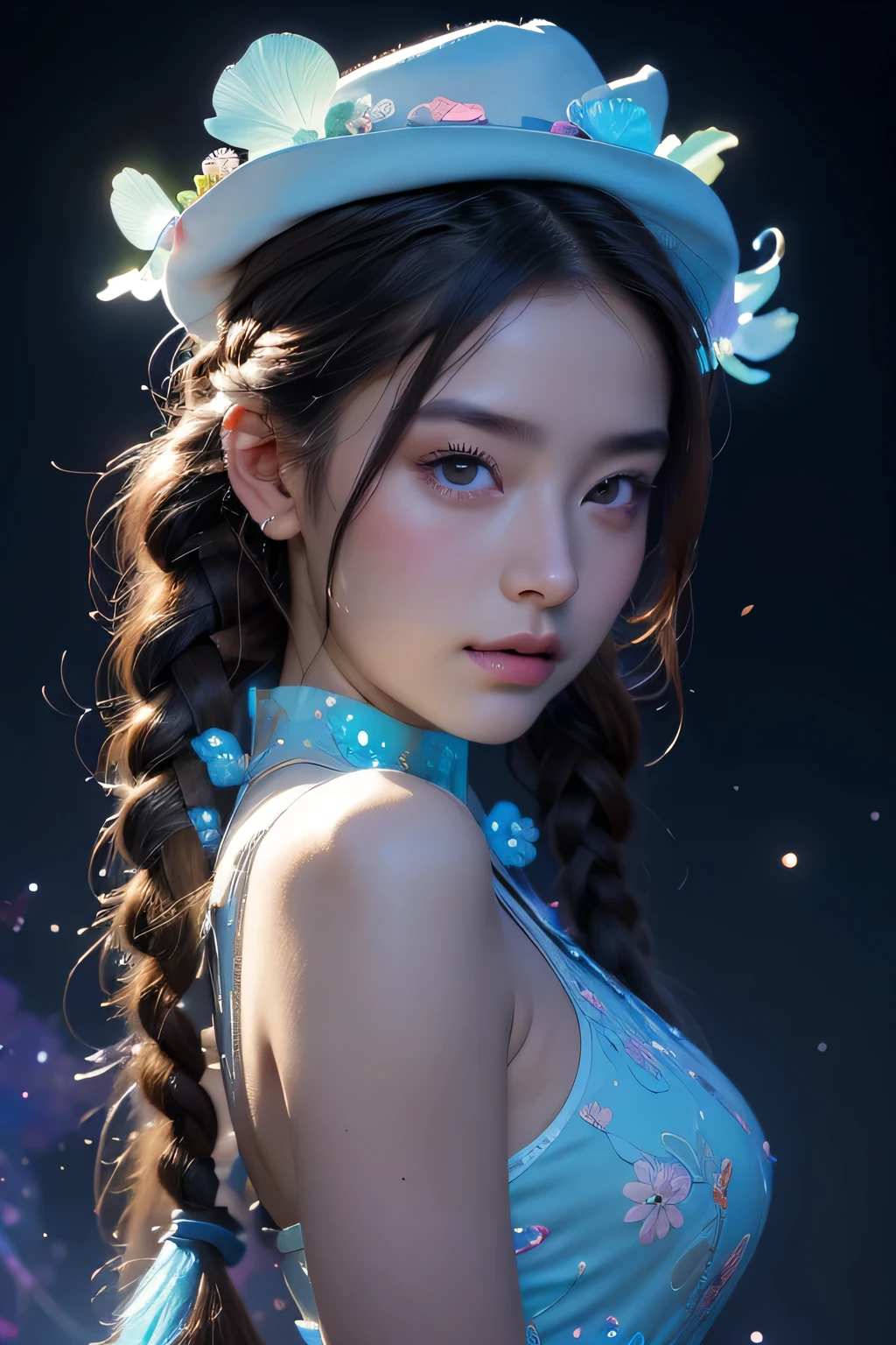 Absurd , High resolution, Super detailed, (One girl:1.3), break, ((Fantastic dresses)), hat, break, Light Persona, Dark person, Mind control, fractal, Sealing, Artistic Background, Blue bioluminescence, Geometric, organic, bless, agreement, Sublime, Majestic, Noble, expand, solvable, anti-gravity, antimatter, guardian angel, holy, sacred, spiritual, Dignified, Red bioluminescence, flower, magic cirlcle, Photon, butterfly, scale, Milky Way, Beark, masterpiece, 最high quality, high quality, High resolution, (Braided hair:Dumpling 1)、(Face close-up)、A stunning 30-year-old beauty、