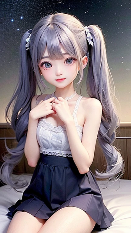 (highest quality, masterpiece), One girl, Twin tails、Pause, particle, Wind, flower,  Simple Background, View your viewers, , Milky Way,smile、Turquoise eyes、（Silver Long Hair）、cute、Twin tails、Luxury Hotel、（blue、depicted in detail、Lace bra、Wacoal、Lace panties、lace garter belt）、Lying in bed