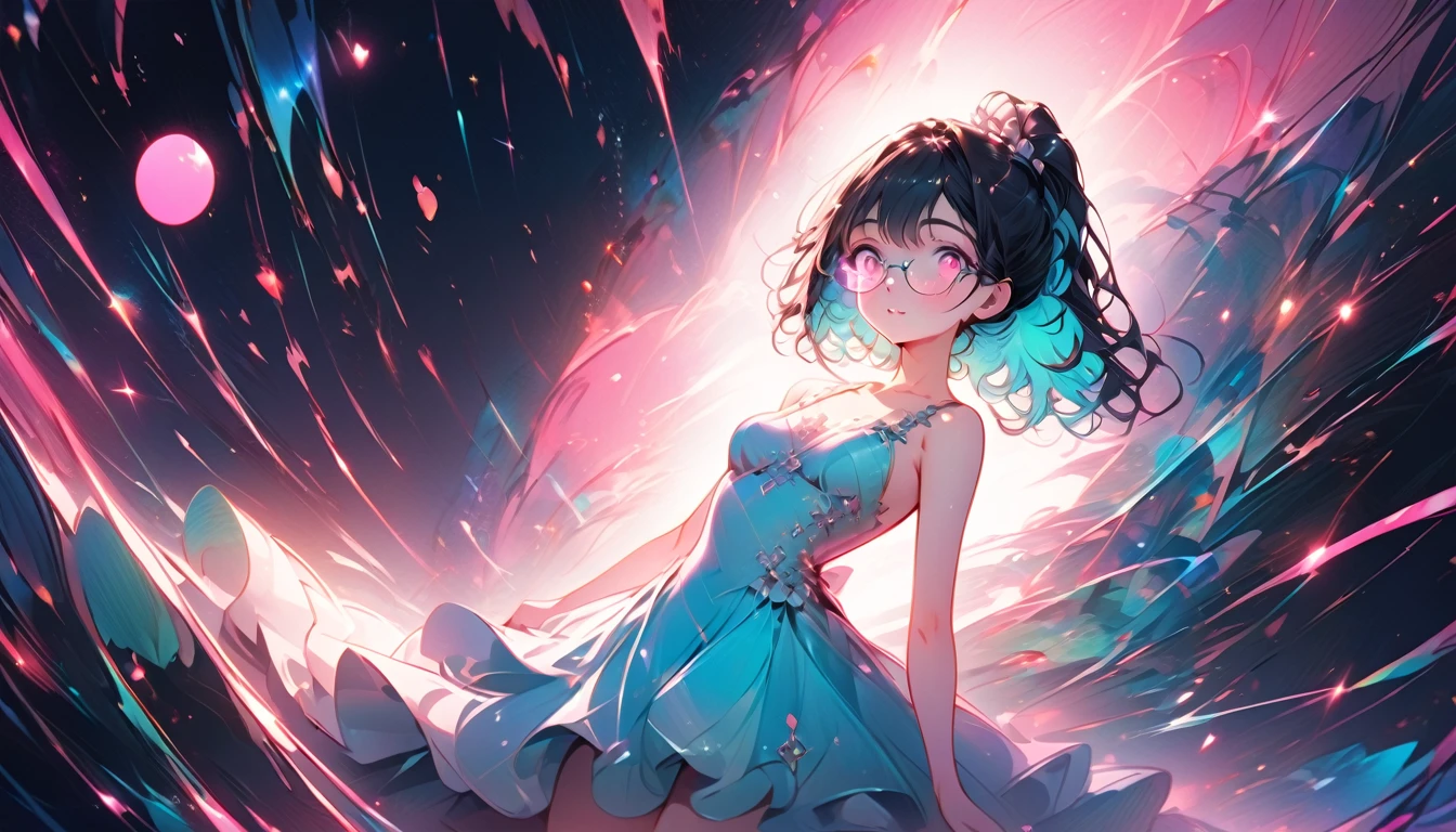 (best quality, ((trending art, trending on DeviantArt)), top quality, highest resolution, ((masterpiece)), high quality, high res, 4k), (visual effects), depth of field, [sparkle sparkle], bokeh, soft colors, [full body shot], detailed ((one girl, skinny body, medium chest, short hair, high ponytail hairstyle, dark blue outer hair, (cyan inner hair), pink glowing eyes, wears contact glasses)). (scenario working at a (pastry shop), pink environment, dynamic angle, ultra-detailed environment, cute puffy dress, enhanced scene) 