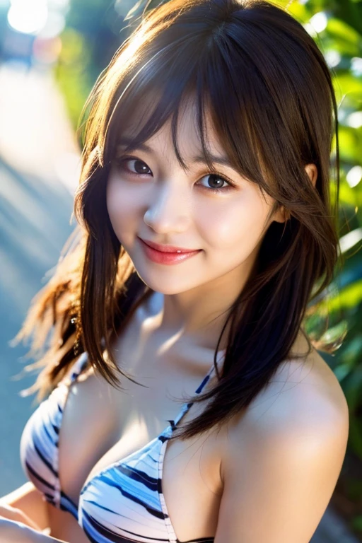 Best image quality, high image quality, cute, Japanese, fine, detailed eyes, fine skin, beautiful skin, super high resolution, (reality 1.4), very beautiful, slightly young face, beautiful skin, thin, (surrealistic), (high resolution), (8k), (highly detailed) (beautifully detailed eyes), (highly detailed), wearing a string bikini, (wallpaper), (detailed face), show viewer, fine details , detailed face, smiling, straight to the front, standing on knees, angle from the waist up, photorealistic, bright lighting, professional lighting, adult female, brown hair, straight shoulder-length hair blowing in the wind, long Stylish bangs, from the knees up