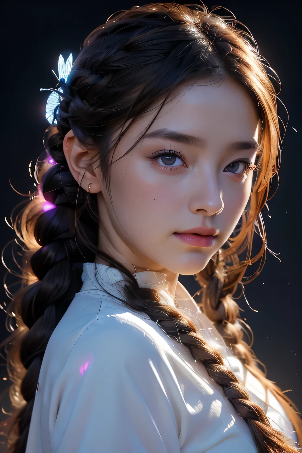 Absurd , High resolution, Super detailed, (One girl:1.3), break, ((Fantastic dresses)), hat, break, Light Persona, Dark person, Mind control, fractal, Sealing, Artistic Background, Blue bioluminescence, Geometric, organic, bless, agreement, Sublime, Majestic, Noble, expand, solvable, anti-gravity, antimatter, guardian angel, holy, sacred, spiritual, Dignified, Red bioluminescence, flower, magic cirlcle, Photon, butterfly, scale, Milky Way, Beark, masterpiece, 最high quality, high quality, High resolution, (Braided hair:Dumpling 1)、(Face close-up)､A stunning 30-year-old beauty、