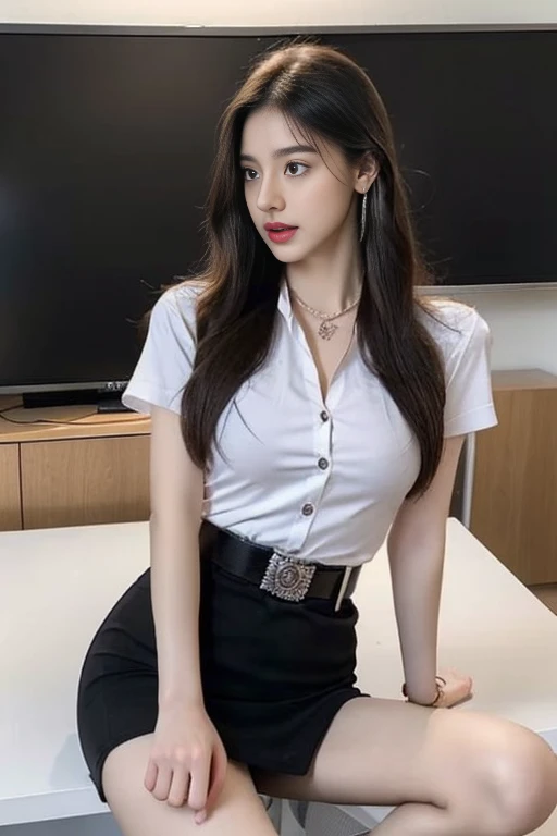 (8k high resolution), masterpiece, best quality, realistic ((medium bust)), hair in one eye, purple eyes, big hoop earrings, sharp eyes, diamond choker, red gemstone necklace, (symmetrical eyes), (perfectly symmetrical body), photo of a beautiful 20-year-old age girl, (fit figure), ((in the teacher's room)), (black miniskirt), mahalaiuniform, (( young woman wearing a shirt Tight white short sleeves, buttons unbuttoned, open chest)) ((short black pencil skirt Skirt with a deep slit in front of the legs)), Belt, Bob hair, long hair, side bangs, golden blonde hair, double eyelids, sharp eyeliner, blush eyeshadow with thick eyelashes. Very delicate and beautiful. Round chin. Sharp focus. Elegant. Fully seated on the study table. Turn your head with your legs open to eye level. Open your legs. Lift your right leg over your left leg. Let your legs open naturally. With legs slightly separated, dynamic pose,
