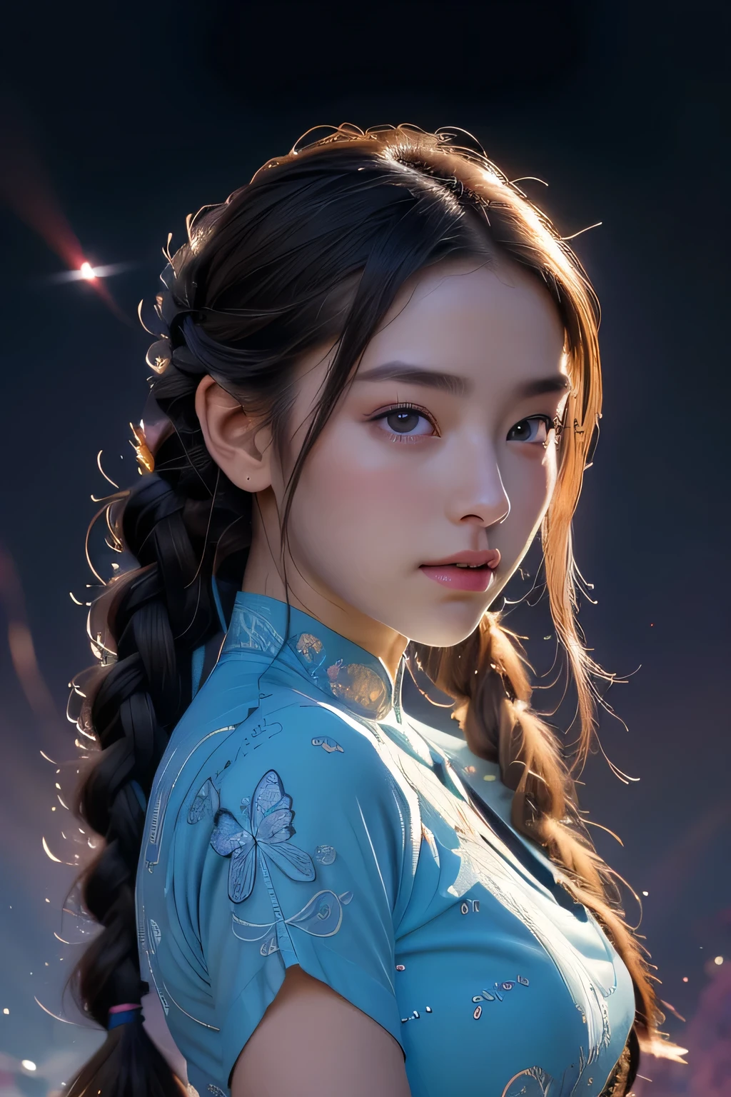 Absurd , High resolution, Super detailed, (One girl:1.3), break, ((Fantastic dresses)), hat, break, Light Persona, Dark person, Mind control, fractal, Sealing, Artistic Background, Blue bioluminescence, Geometric, organic, bless, agreement, Sublime, Majestic, Noble, expand, solvable, anti-gravity, antimatter, guardian angel, holy, sacred, spiritual, Dignified, Red bioluminescence, flower, magic cirlcle, Photon, butterfly, scale, Milky Way, Beark, masterpiece, 最high quality, high quality, High resolution, (Braided hair:Dumpling 1)、(Portrait)､A stunning 30-year-old beauty、
