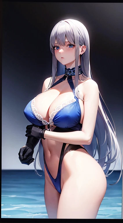 Laquadia, Blue Lips,Big Breasts,jewelry,Gray Hair、Long Hair、High resolution、high quality、Long gloves、Blue swimsuit、青いLong gloves、超High resolution, (Film Grain: 1.4)、very, very big breasts、Troubled face