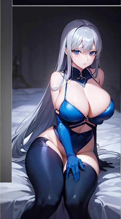 Laquadia, Blue Lips,Big Breasts,jewelry,Gray Hair、Long Hair、High resolution、high quality、Long gloves、Blue swimsuit、青いLong gloves、超High resolution, (Film Grain: 1.4)、very, very big breasts、Troubled face
