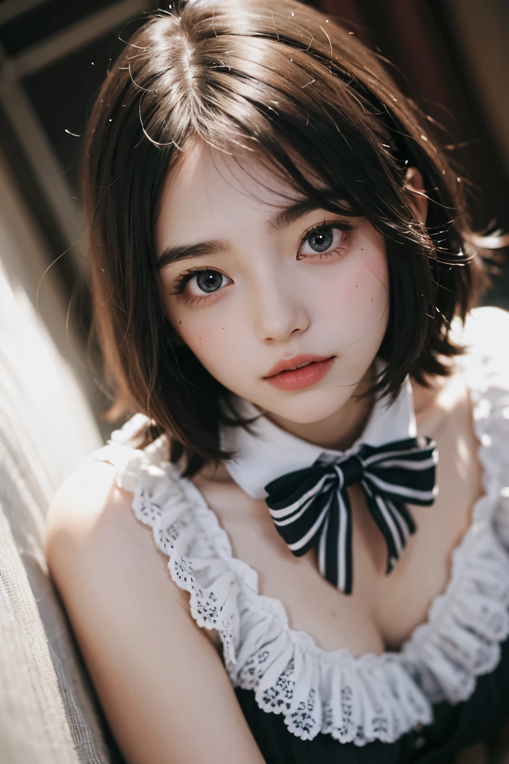 Ulzzang-6500-v1.1, (RAW Photos:1.2), (Realistic), Beautiful detailed girl, Very detailed eyes and face, Beautiful fine details, Large file size, High resolution, Very detailed, highest quality, [masterpiece:1.6], figure, Very detailed, CG, The finer details, highest quality, 8k wallpaper, Cinema Lighting, 1 girl, 17 years old, Perfect figure, Big with tension, Cute droopy eyes, Beautiful big eyes,  [sexual excitement: 1.6], Light in your eyes, short hair, high school girl, Dynamic pose,The chest is visible