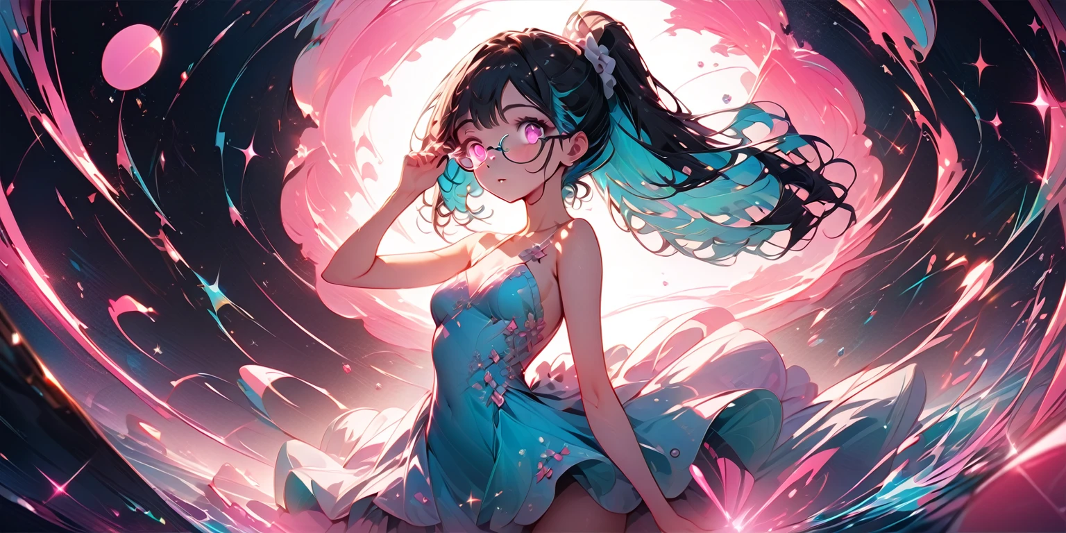 (best quality, ((trending art, trending on DeviantArt)), top quality, highest resolution, ((masterpiece)), high quality, high res, 4k), (visual effects), depth of field, [sparkle sparkle], bokeh, soft colors, [full body shot], detailed ((one girl, skinny body, medium chest, short hair, high ponytail hairstyle, dark blue outer hair, (cyan inner hair), pink glowing eyes, wears contact glasses)). (scenario working at a ((pastry shop)), pink environment, dynamic angle, ultra-detailed environment, cute puffy dress, enhanced scene) 
