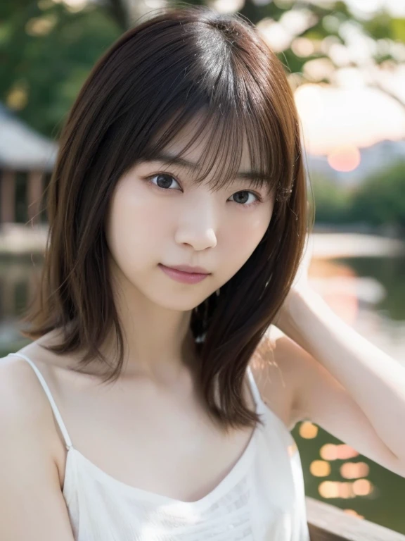 1 Japanese female, 40 years old, Very beautiful, (very cute), (Very detailed美しい顔), Great face and eyes, Quite thick hair, Mr.々Hair style, My eyes got a little brighter, Normal makeup, (Camisole mini dress), (highest quality:1.4), (Very detailed), Very detailed CG 統合 8k 壁紙, Surreal, (Photorealistic:1.4), Raw photo, Professional photography, Cinema Lighting, Realistic portraits, ((Bokeh)), (Depth of written boundary:1.4), (View Photographer:1.3), (In a park with a pond), Small breasts, Very small waist, (Whole Body Ezbian), Accurate Eyes, Beautiful mouth, (Keep your mouth completely closed), (evening:1.3), (Looking at the camera), (Amazing sunset:1.25), Sleeveless, Melancholic expression