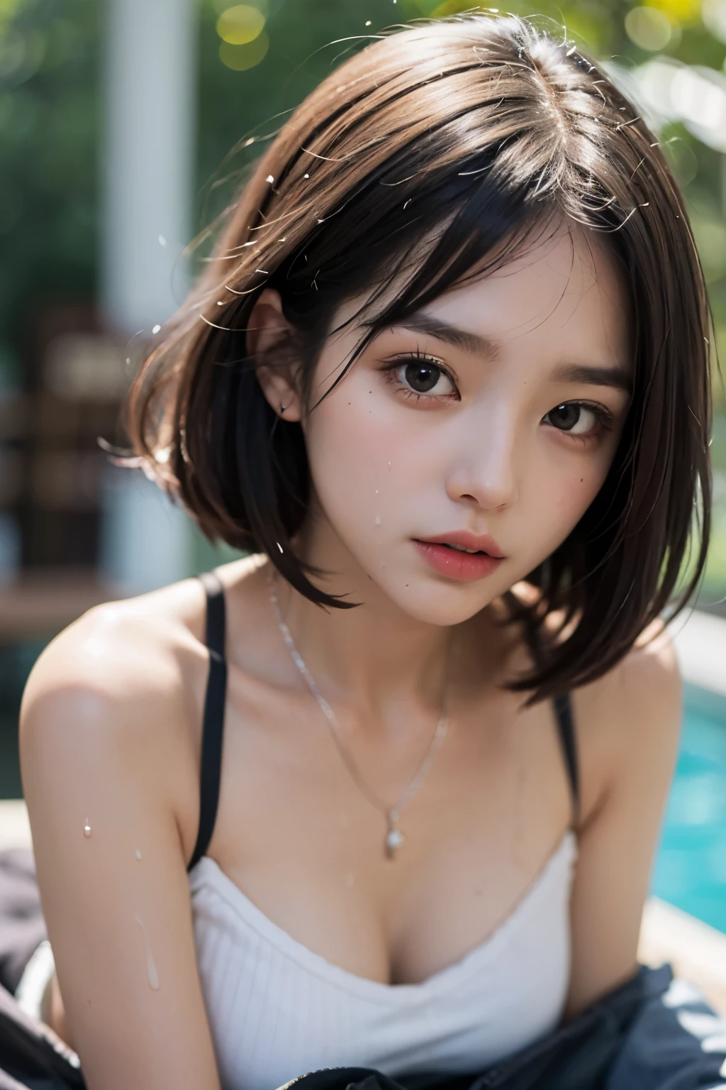 Ulzzang-6500-v1.1, (RAW Photos:1.2), (Realistic), Beautiful detailed girl, Very detailed eyes and face, Beautiful fine details, Large file size, High resolution, Very detailed, highest quality, [masterpiece:1.6], figure, Very detailed, CG, The finer details, highest quality, 8k wallpaper, Cinema Lighting, 1 girl, 17 years old, Perfect figure, Big with tension, Cute droopy eyes, Beautiful big eyes,  [sexual excitement: 1.6], (My whole body is wet: 1.2), Light in your eyes, short hair, high school girl, Dynamic pose,The chest is visible