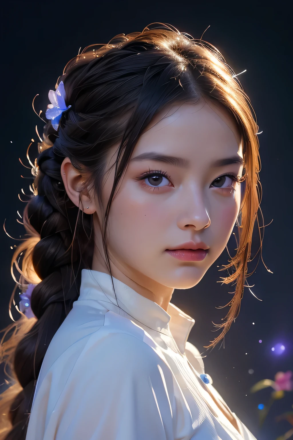 Absurd , High resolution, Super detailed, (One girl:1.3), break, ((Fantastic dresses)), hat, break, Light Persona, Dark person, Mind control, fractal, Sealing, Artistic Background, Blue bioluminescence, Geometric, organic, bless, agreement, Sublime, Majestic, Noble, expand, solvable, anti-gravity, antimatter, guardian angel, holy, sacred, spiritual, Dignified, Red bioluminescence, flower, magic cirlcle, Photon, butterfly, scale, Milky Way, Beark, masterpiece, 最high quality, high quality, High resolution, (Braided hair:Dumpling 1)、(Portrait)､A stunning 30-year-old beauty、