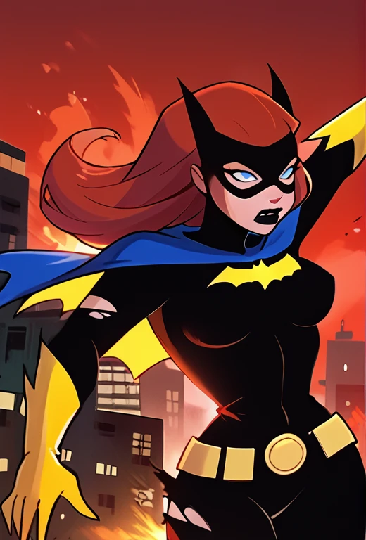 score_9, score_8_up, score_7_up, score_6_up, 1girl, solo, batgirl is running in front of an explosion, mask, black lips, red hair, belt, torn bodysuit, black bodysuit, sideboob, pointy breasts, cape, yellow gloves, gotham city, red sky, dirigible, bloom
