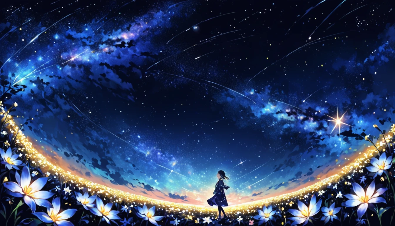 There is a girl 花畑To立つ looking up at the sky, a girl 花畑To立つ, Girl walking in a flower field, 私は夢のようなワンダーランドTo迷い込んだ, 花畑To立つ, Amazing digital painting, 空は次第To晴れてきた, The starry sky is gradually々To々move away from  
