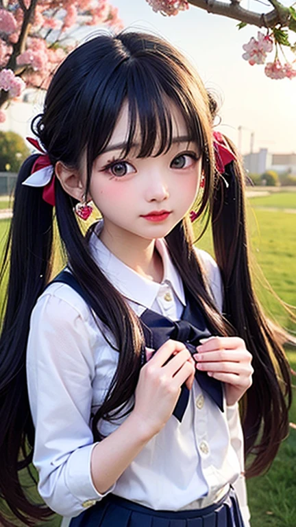 Small face、(highest quality, masterpiece), One girl, Twin tails、Pause, particle, Wind, flower, Upper Body, Simple Background, View your viewers, , Milky Way,smile、(White and red long hair)、cute、Twin tails、blue sky、cherry blossoms、、Small Earrings、(Semi-transparent、green、sexy、See-through uniform)