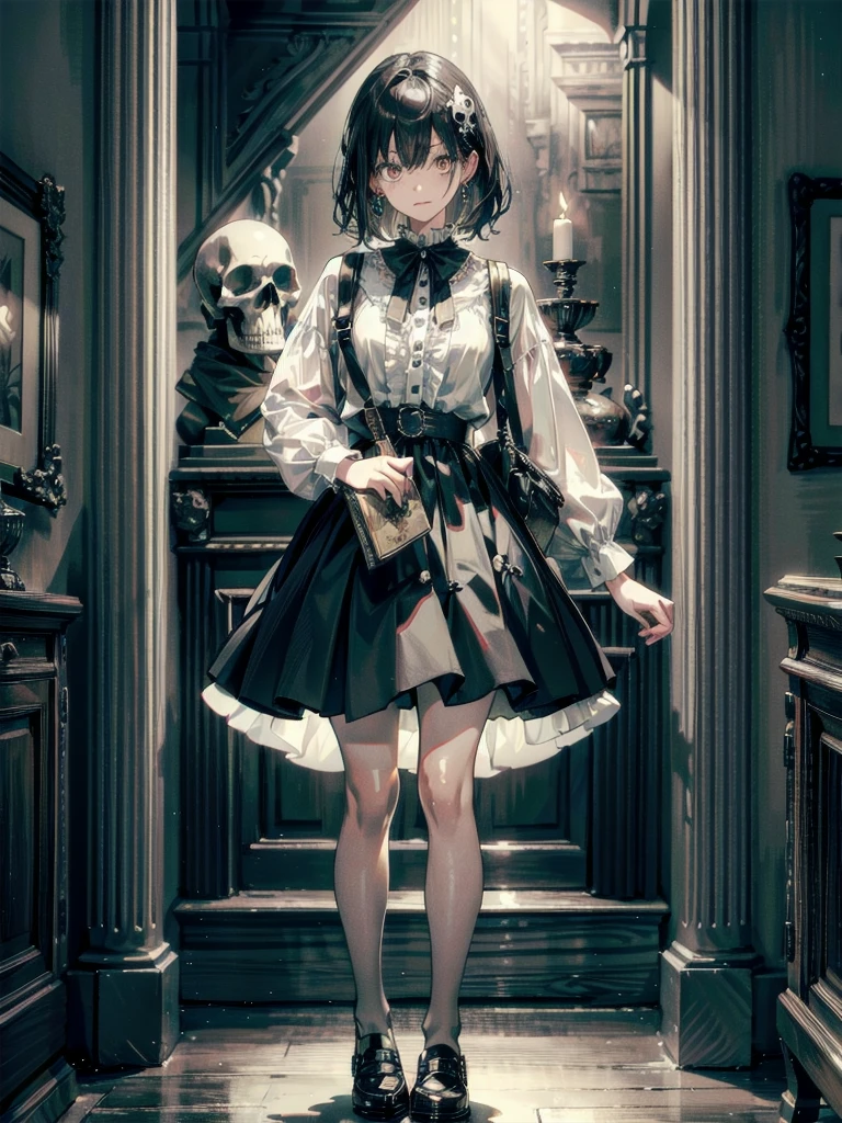 whole body, absurdres, RAW photo, extremely delicate and beautiful, masterpiece, Best Quality, ultra high resolution, 32k, hyperrealistic, ultra-detailed, detailed description, pale skin, 20 years old, detailed beautiful face and eyes, tearful mole, earring, Colossal tits, short medium hair, wavy hair, skirt, shirt, long sleeves, frills, shoes, creepy, horror, skulls, candle, hair ornament, bone, doll, horror theme,