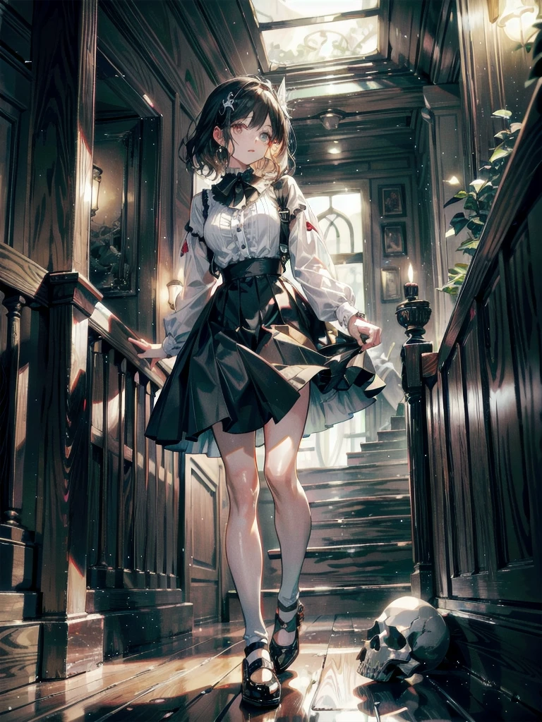 whole body, absurdres, RAW photo, extremely delicate and beautiful, masterpiece, Best Quality, ultra high resolution, 32k, hyperrealistic, ultra-detailed, detailed description, pale skin, 20 years old, detailed beautiful face and eyes, tearful mole, earring, Colossal tits, short medium hair, wavy hair, skirt, shirt, long sleeves, frills, shoes, creepy, horror, skulls, candle, hair ornament, bone, doll, horror theme,