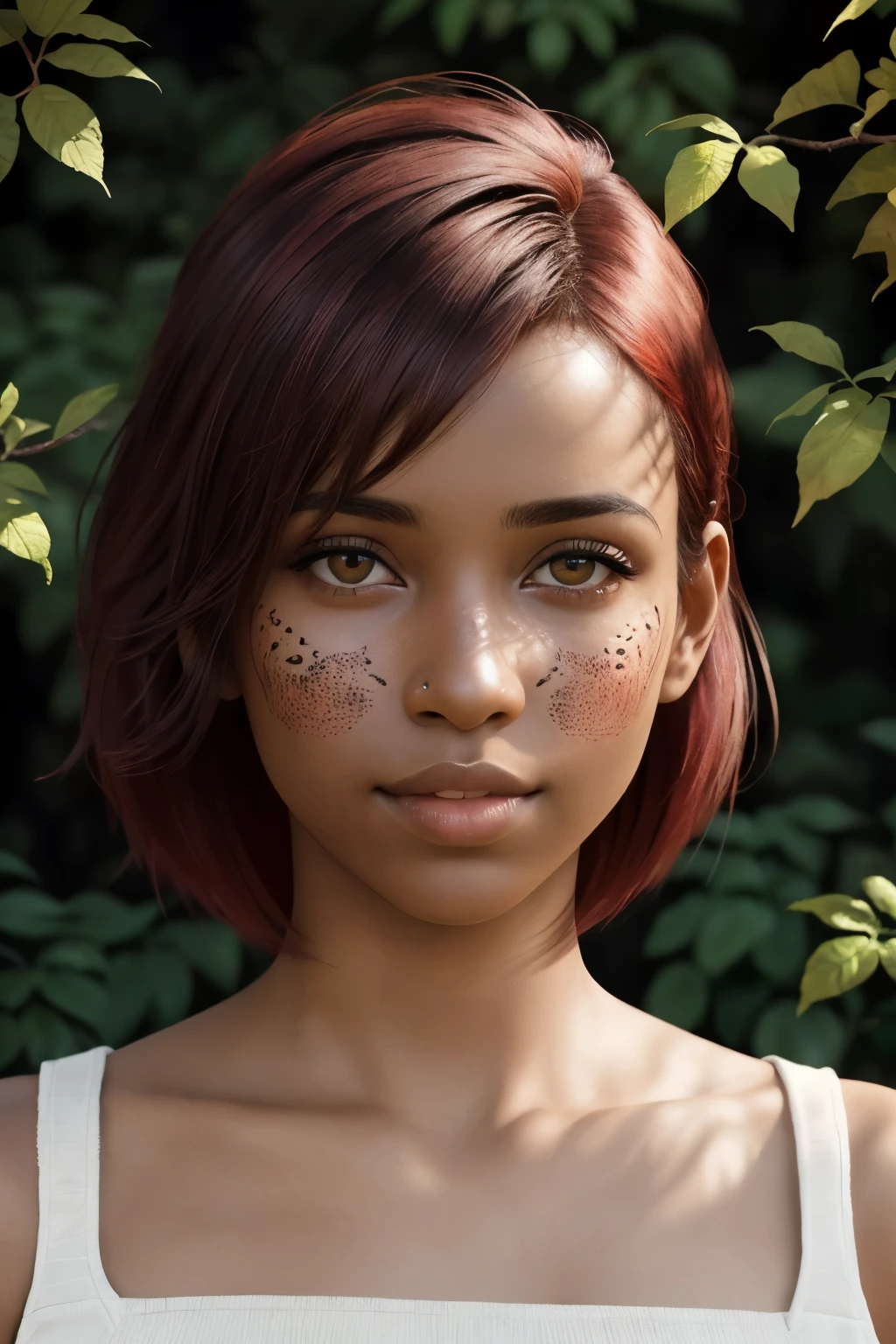 Full length photo of a dark skinned young woman with average face with red pixie style hair, con algunas marcas de quemaduras minimas, en 2D, cgi, symmetrical, (textura natural de la piel, hyperrealism, Luz tenue, afilado:1.2), detallado, sunlight passing through foliage, olimpo