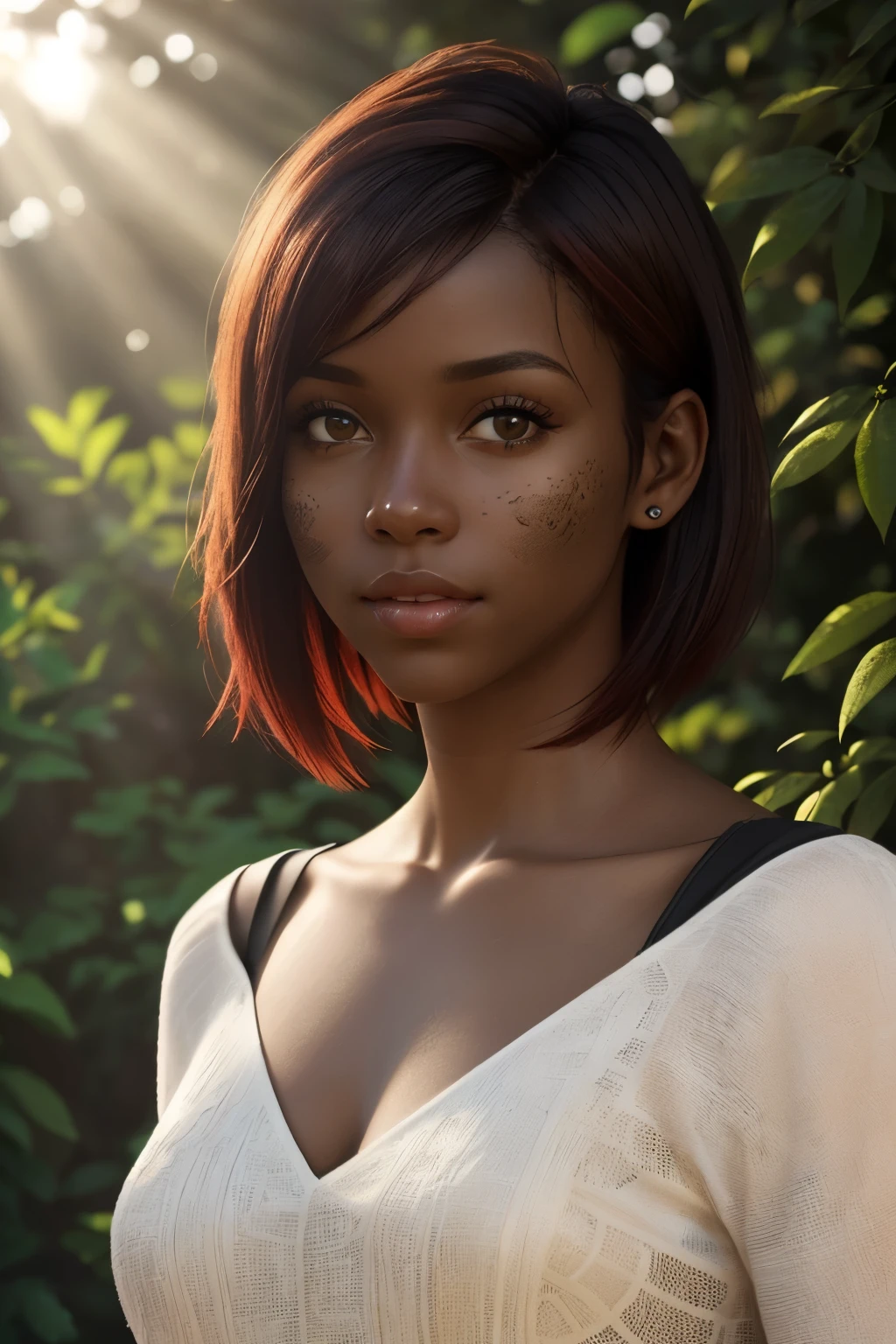 Full length photo of a dark skinned young woman with average face with red pixie style hair, con algunas marcas de quemaduras minimas, en 2D, cgi, symmetrical, (textura natural de la piel, hyperrealism, Luz tenue, afilado:1.2), detallado, sunlight passing through foliage, olimpo
