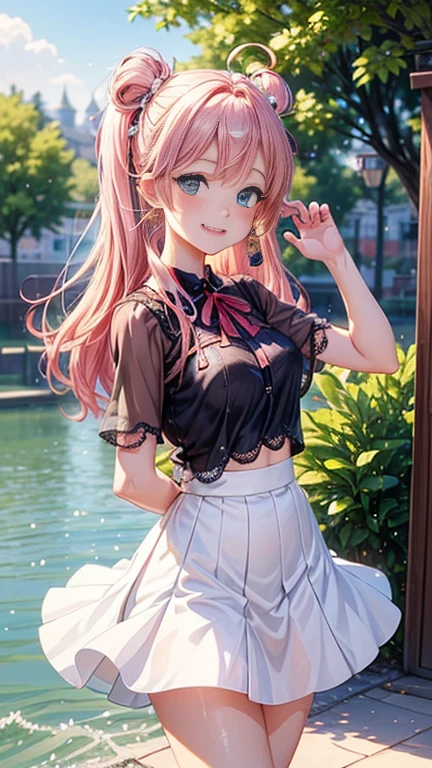 (transformation、I love exposure)、Anime girl with pink hair and a ribbon in her hair, Cute realistic portrait, 、Gweitz, Magical Girl Portrait, Cute Characters, Cute art style, Anime Moe Art Style, MapleStory character art, cute portrait, Cute Anime Girl Portrait, Small person portrait, artwork in the style of Gweitz, Splash Art Anime ,((green、red lace blouse、See-through、See-throughのワンピースの水着、White mini skirt))、Cute Earrings、Long Hair Twin Tail、bird、Wind、smile、Embarrassed face、Embarrassing