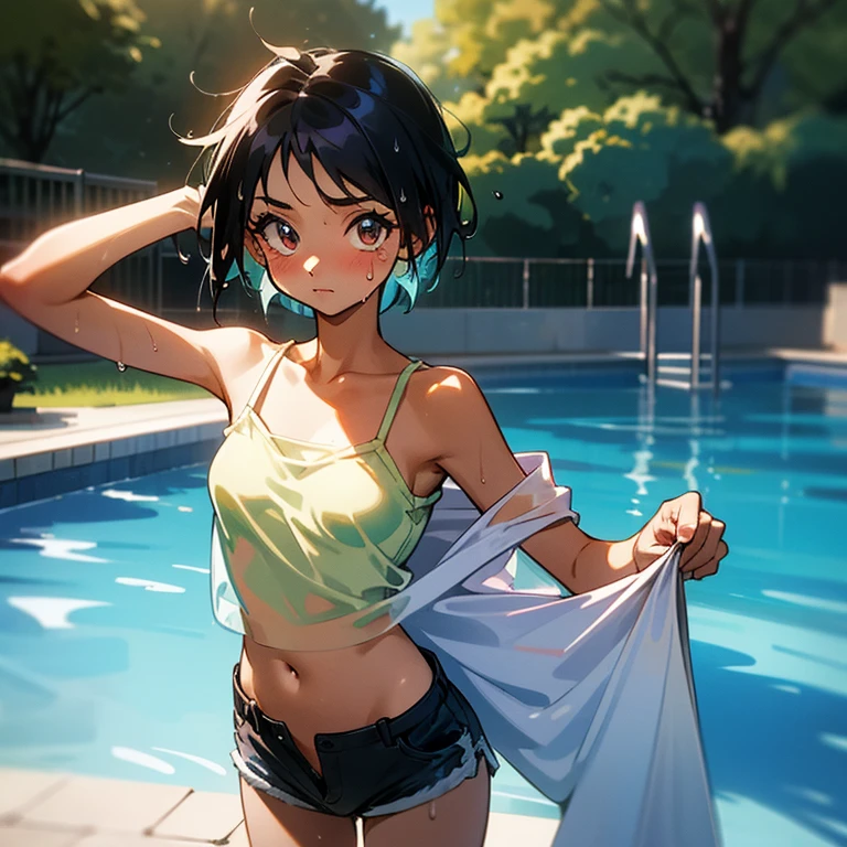 Cool girl、Boyish Girl、Sporty、tits、Wet and transparent、Wet, see-through clothes、camisole is wet and her underwear is visible、Navel Reveal Style、I have a towel、Wet、oil、slimy、Very short hair、black hair color、Shorts、
、high school girl、Gal、brown skin、garden、Pool、tall、Slender beauty、Curved waist、well tanned、Beautiful clavicle、Very slim body、Middle Eastern Girl、Earrings、High contrast、Narrow dynamic range