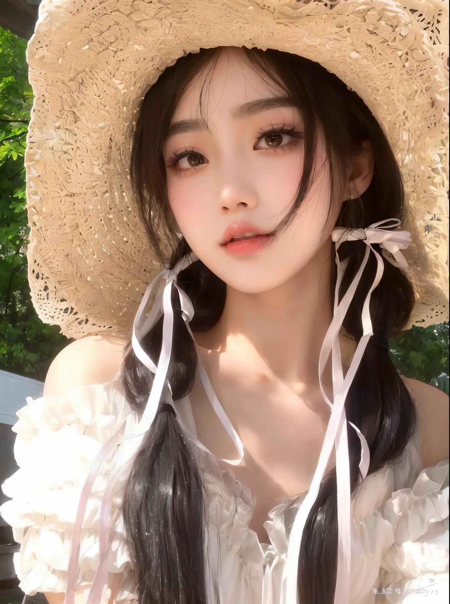 a close up of a woman wearing a straw hat and a dress, ulzzang, with straw hat, young adorable korean face, wan adorable korean face, beautiful south korean woman, gorgeous young korean woman, korean girl, beautiful young korean woman, popular south korean makeup, young cute wan asian face, girl cute-fine-face, xintong chen, popular korean makeup , blackpink Lisa , blackpink jennie , Korean famele fare , cute asian