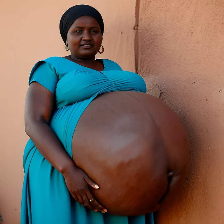 Extremely Hyperpregnant Sudanese woman with huge belly wearing a dress