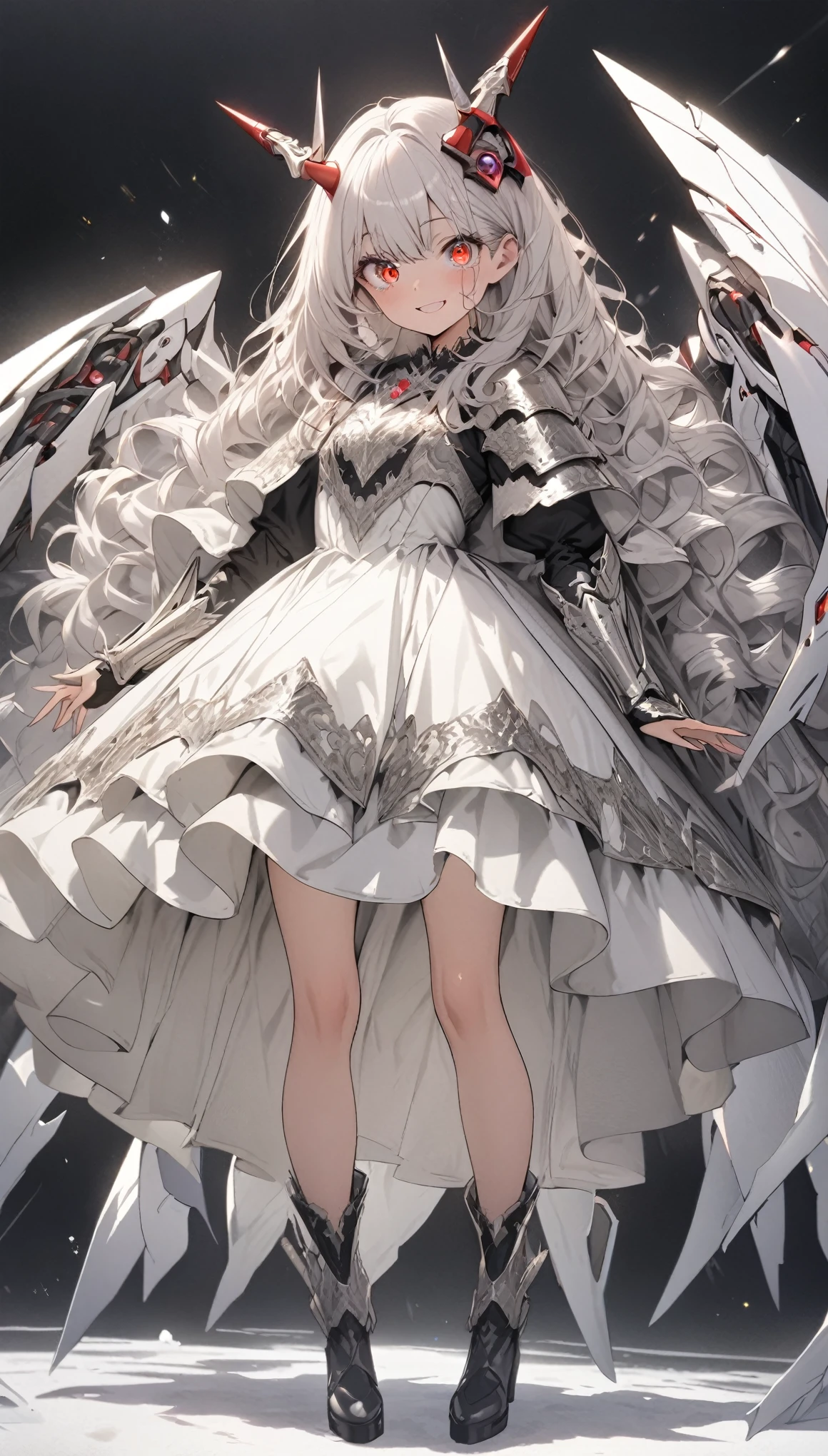 masterpiece, best quality, extremely detailed, high resolution, Japanese anime,1girl, silver hair, (medium length hair:1.4), curly hair, wavy hair, drill hair, (mechanical horn:1.5), mechanical wing, (red eyes:1.5), (beautiful detailed eyes:1.4), laugh, 130cm tall, original character, fantasy, (black background:1.2), (full body:1.8), beautiful fingers, standing, (black white lace frill armor dress:1.5), (bejeweled headgear:1.5) , shoot from front, looking at viewer