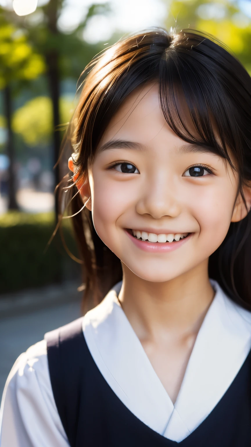 lens: 135mm f1.8, (highest quality),(RAW Photos), (Tabletop:1.1), (Beautiful 9 year old Japanese girl), Cute face, (Deeply chiseled face:0.7), (freckles:0.4), dappled sunlight, Dramatic lighting, (Japanese School Uniform), (On campus), shy, (Close-up shot:1.2), (smile),, (Sparkling eyes)、(sunlight)