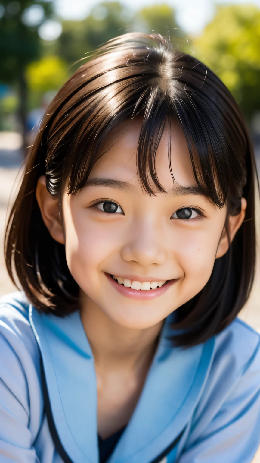 lens: 135mm f1.8, (highest quality),(RAW Photos), (Tabletop:1.1), (Beautiful 9 year old Japanese girl), Cute face, (Deeply chiseled face:0.7), (freckles:0.4), dappled sunlight, Dramatic lighting, (Japanese School Uniform), (On campus), shy, (Close-up shot:1.2), (smile),, (Sparkling eyes)、(sunlight)