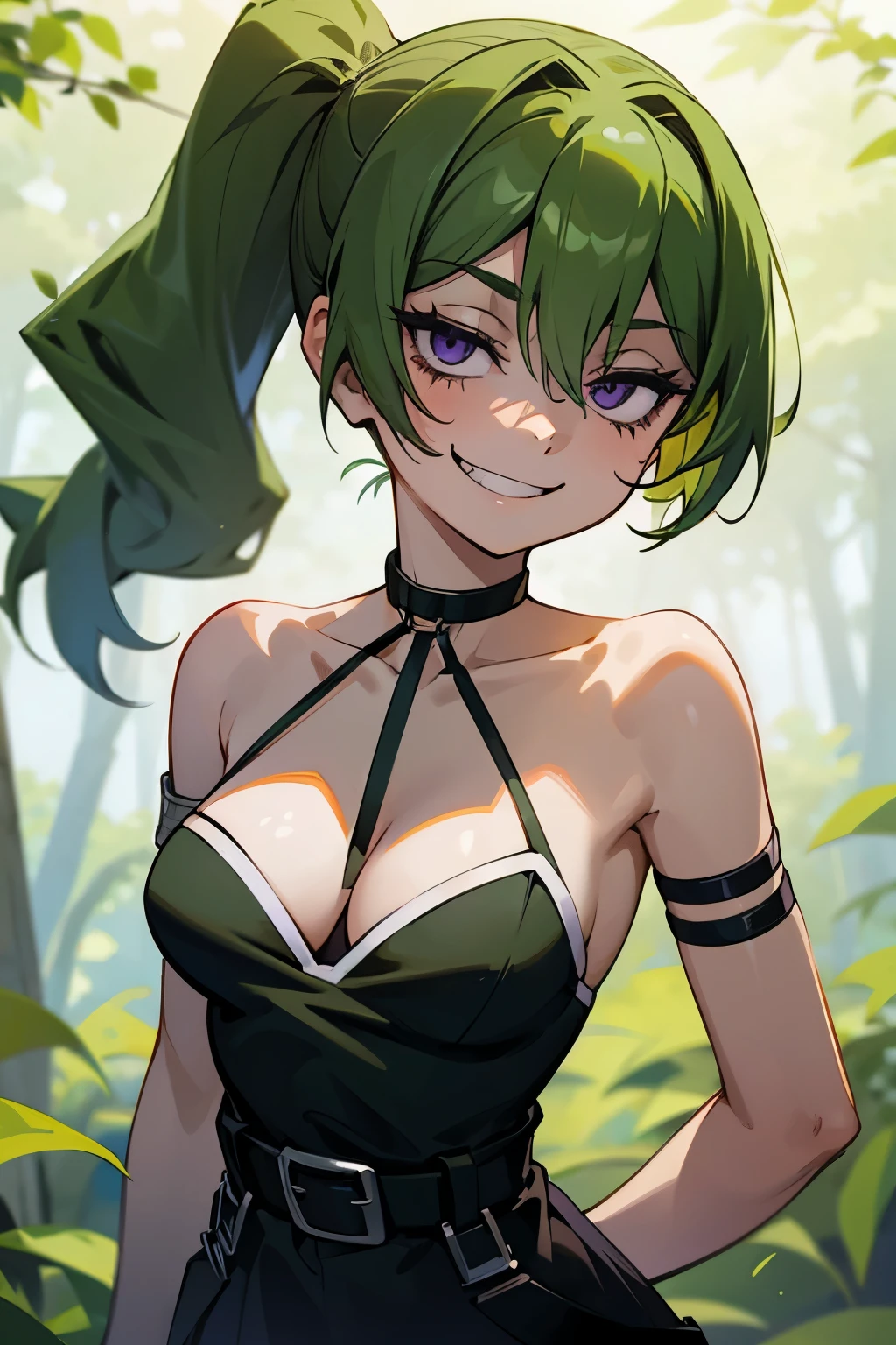 1 hot girl, green hair, side ponytail, purple eyes, grin, gorgeous, ubel, hands behind back, mischievous, black dress, cleavage, belt, arm strap, single elbow glove, closeup, portrait, flat chest, at forest