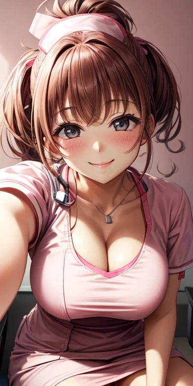 (Best quality:1.3), brown ponytail, large breasts, cleavage, Pink nurse outfit, smiling, (pov, close shot), sitting