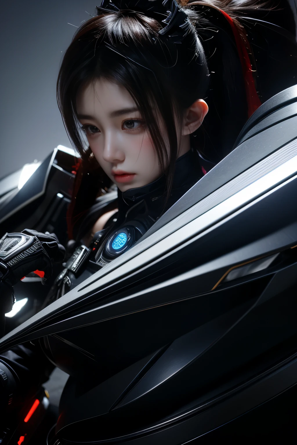 tmasterpiece,Best quality at best,A high resolution,8K,(portrait),(Close up of avatar),(RAW photogr),real photograph,(Clothing that combines everyday and sci-fi styles),digital photography,s girl,18yo Girl,short detailed hair,through bangs,Beautiful black and red gradient hair,Red eyes,iintricate,elegant and charming,The content is very detailed,Simple accessories,Metal armor,black sash,Clothing that combines technology and ancient style,Crop topping,Hollow armor design,Combat uniforms,Shoulder pads,cyber punk personage,binh,Photo pose,stately,metalictexture,oc render reflection texture,Gray street background
