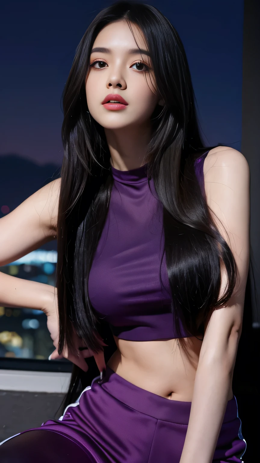 a woman with long hair wearing a purple crop top, night time, dark night