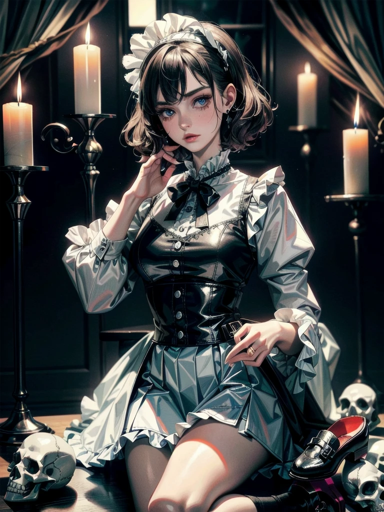 whole body, absurdres, RAW photo, extremely delicate and beautiful, masterpiece, Best Quality, ultra high resolution, 32k, hyperrealistic, ultra-detailed, detailed description, pale skin, 20 years old, detailed beautiful face and eyes, tearful mole, earring, Colossal tits, short medium hair, wavy hair, skirt, shirt, long sleeves, frills, shoes, creepy, skulls, candle, hair ornament, bone, doll, horror theme,
