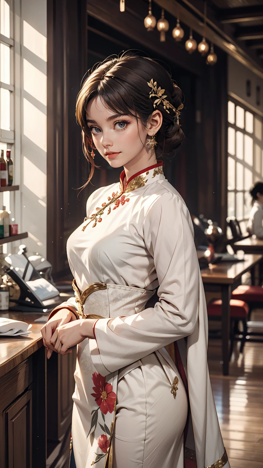 The girl in the ao dai is made of thin silk and cotton fabric., In a long, form-fitting white style、Very fine, シャツの前面の孔雀の模様はVery fineです, The girl is standing in a wonderful space with great attention to detail