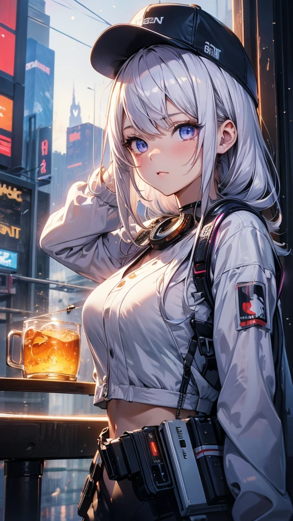 masterpiece, best quality, 4k, UHD, mishoujo, beautiful eyes and detailed face, illustration, beautiful detailed, high resolution illustration, glowing_white_particles, 1girl, white hair, light purple eye, hair over one eye, short side tail, baseball cap, expressionless, window shade, black jacket, chest rig, cyberpunk, techwear, (Impressionism:1.4), upper body portrait, cyberpunk city background, looking serious, hands behind head, 