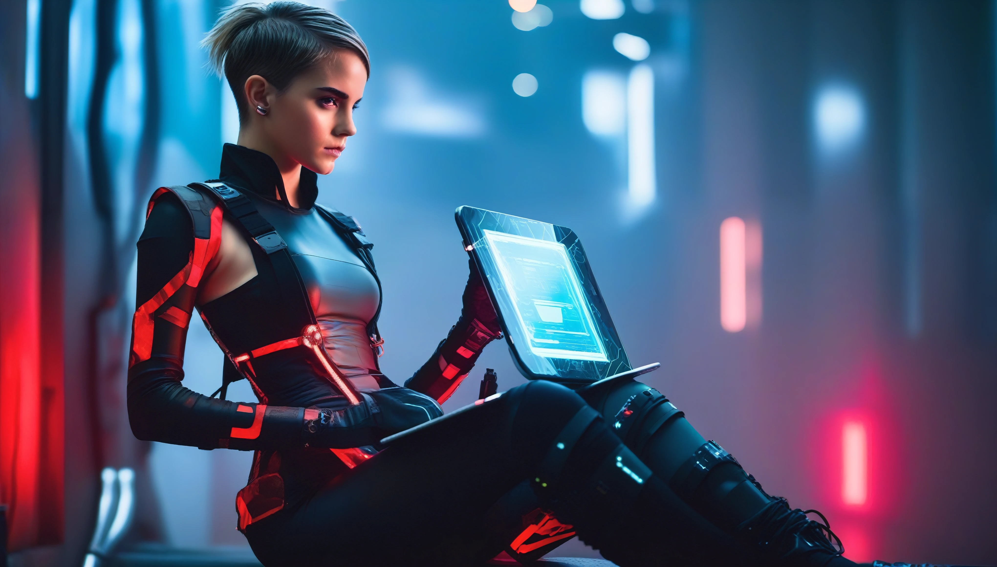 A young female hacker sitting in a cyberpunk hackerspace with large windows in a cyberpunk metropolis facing the viewer, right arm resting on her waist, left arm held forward holding a transparent smart tablet, short silverwhite undercut haircut, immaculate skin, thoughtful look on her face, sweat on her skin, full lips, small breasts, legs crossed, fullbody black and red skintight cyberpunk underarmor with intricate hexagon pattern, synthetic utility vest with attached wearable computer, black leather utility belt with multimeter and some probes attached, thigh high black latex boots, cutoff gloves, no makeup, natural fingernails, emma watson, edgFut_clothing, neons, electric circuits