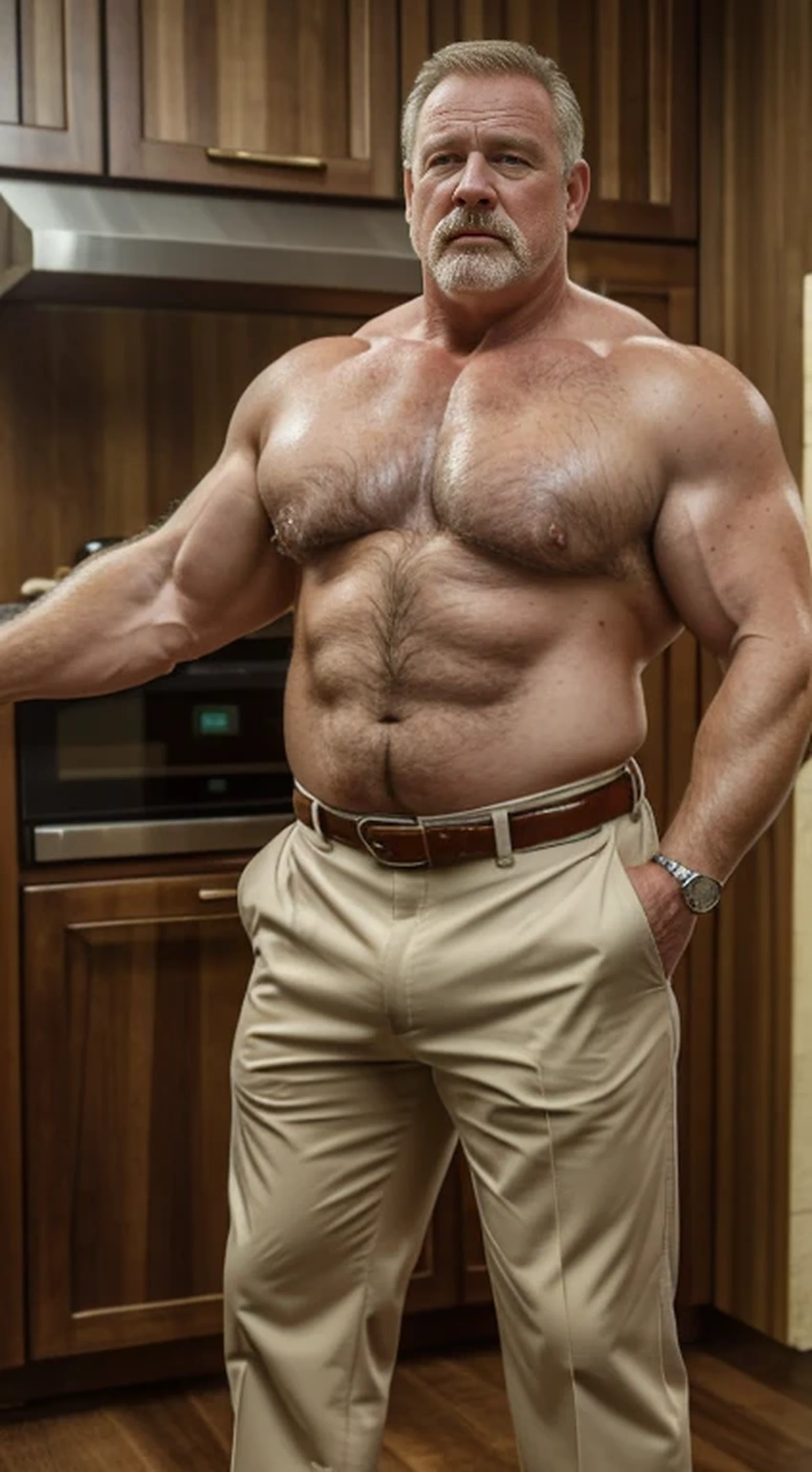 (best quality,4k,8k,highres,masterpiece:1.2), age 55 to 65, white man sheriff , horny disgusting, muscular chubby, kind, shirtless, mature daddy, Dress Pants with big bulge, hairy chest hard nipple, belt, loafer,