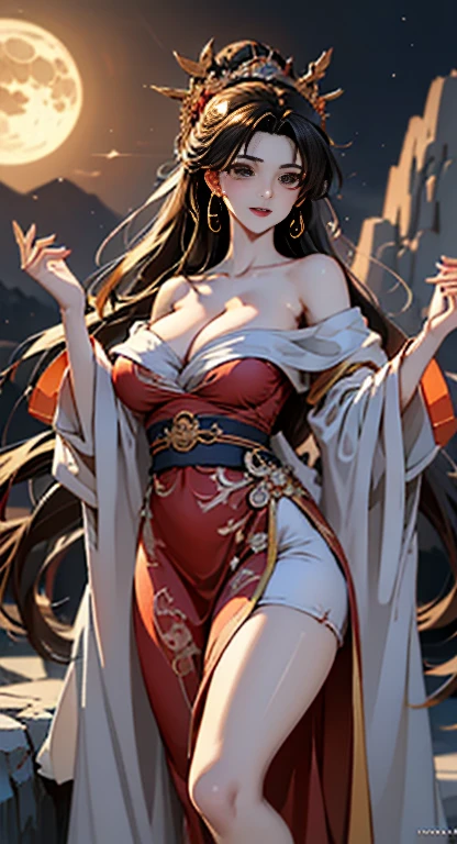 gufeng,Bare shoulders,, ((Bare shoulders)), ((whole body)), Practical, Fashion girl, Red lips, Become a, cosmetic, big eyes, fair eyes, ((whole body)), ((From below)), (best quality, masterpiece:1.2), Ultra Detailed, (Practical:1.37),((Large Breasts))(((Cleavage)))), ((Sexy long legs)), fair, Young and energetic, Charming model with (Delicateeyes, Delicate lips, extremely Delicateeyes), Show a bright smile, Create stunning girl images, warm color, Very high color saturation, official art, Extremely detailed CG unified 8k wallpaper,(High Dynamic Range :1.4), (Movie),(Soft colors, Dull Color, Soothing tone :1.3), (Natural skin texture, ultra-Practical, Soft Light, sharp),(Very detailed), night, moonlight, ((In the mountains, plant, Leaning against the rocks))