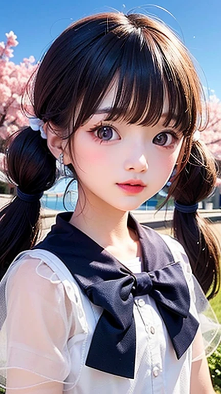 Small face、(highest quality, masterpiece), One girl, Twin tails、Pause, particle, Wind, flower, Upper Body, Simple Background, View your viewers, , Milky Way,smile、(red、purple、Mixed color long hair)、cute、Twin tails、blue sky、cherry blossoms、、Small Earrings、(Semi-transparent、green、sexy、See-through uniform)