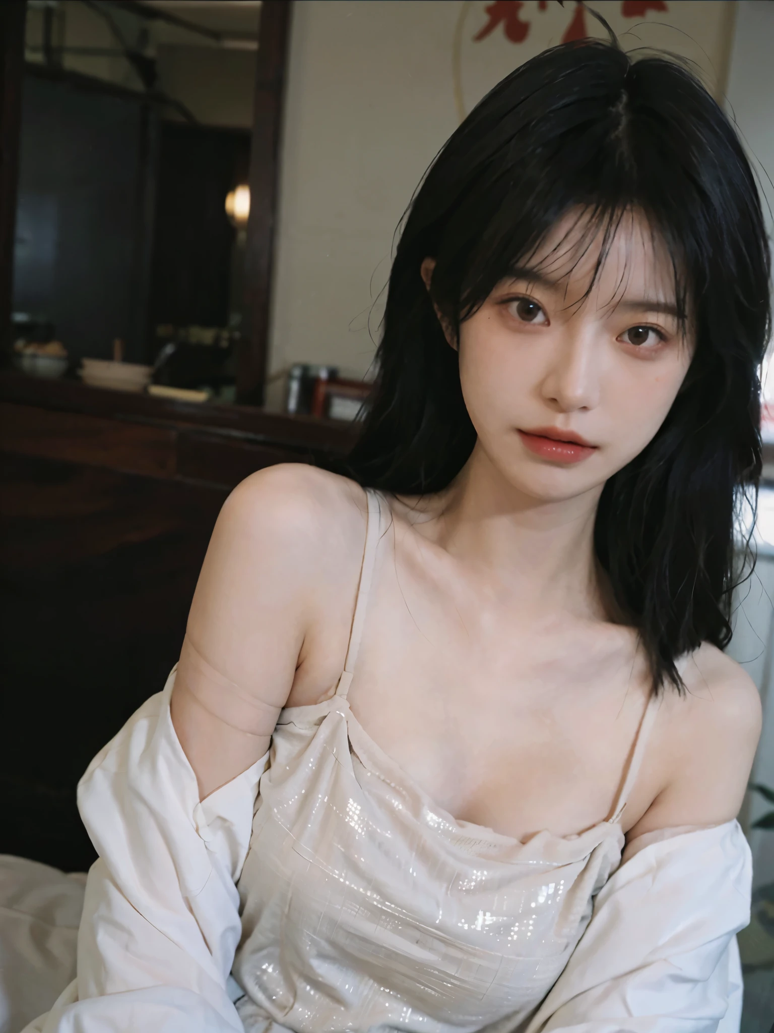 Film Portrait Photography, 1 girl, Bare shoulders,Lipstick,Black lace eye patch,(Bra:1.4),Sunlight, Shoulder-length straight hair, serene, calm, (逼真且Detailed眼睛, Natural skin texture, Realistic facial details), Soft dramatic lighting, Depth of Field, Bokeh, Vivid details, Detailed, Surrealism, 35 mm film, hazy, ,