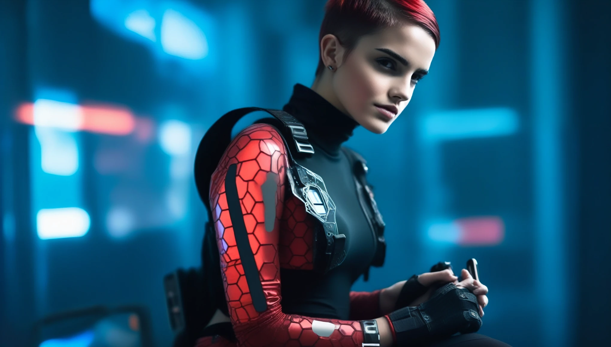 Two young female hackers sitting in a cyberpunk hackerspace with large windows in a cyberpunk metropolis facing the viewer, right arm resting on her waist, left arm held forward holding a cyberdeck with a transparent screen, short silverwhite undercut haircut, immaculate skin, thoughtful look on her face, sweat on her skin, full lips, small , legs crossed, fullbody black and red skintight cyberpunk underarmor with intricate hexagon pattern, synthetic utility vest with attached wearable computer, black leather utility belt with multimeter and some probes attached, thigh high black latex boots, cutoff gloves, no makeup, natural fingernails, emma watson, edgFut_clothing, neons, electric circuits
