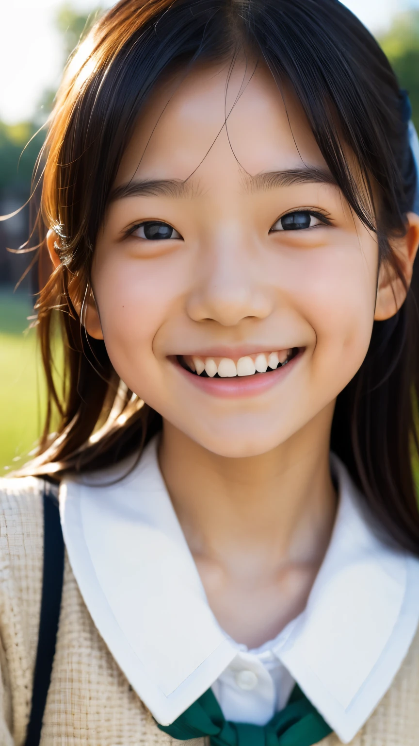 lens: 135mm f1.8, (highest quality),(RAW Photos), (Tabletop:1.1), (Beautiful 9 ******** Japanese girl), Cute face, (Deeply chiseled face:0.7), (freckles:0.4), dappled sunlight, Dramatic lighting, (Japanese School Uniform), (On campus), shy, (Close-up shot:1.2), (smile),, (Sparkling eyes)、(sunlight)