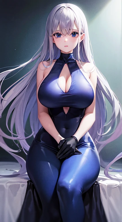 Laquadia, Blue Lips,Big Breasts,jewelry,Gray Hair、Long Hair、High resolution、high quality、Long gloves、Blue swimsuit、青いLong gloves、超High resolution, (Film Grain: 1.4)、very, very big breasts、Troubled face